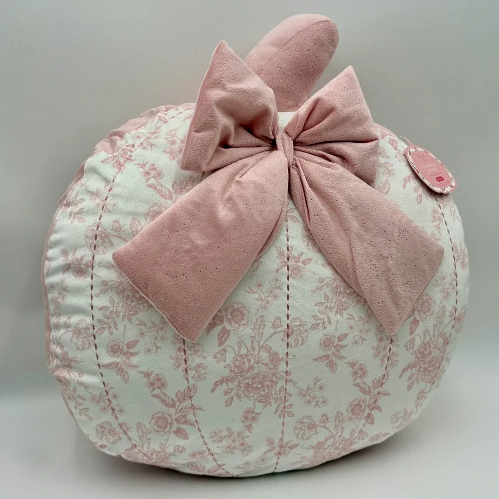 Loire Valley Maison Pink Floral Toile Pumpkin Decorative Pillow Velvet Bow NEW